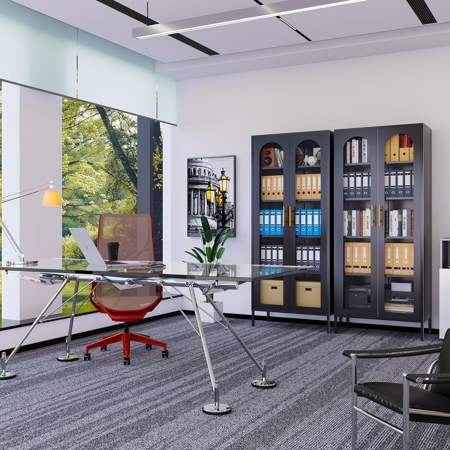 71" Tall Display Cabinet, 5-Tier Bookshelf with Doors & Adjustable Shelf, Modern Storage Cabinets Ideal for Book, Wine, Collectibles, Free Standing Bookcase for Home, Office, Living Room