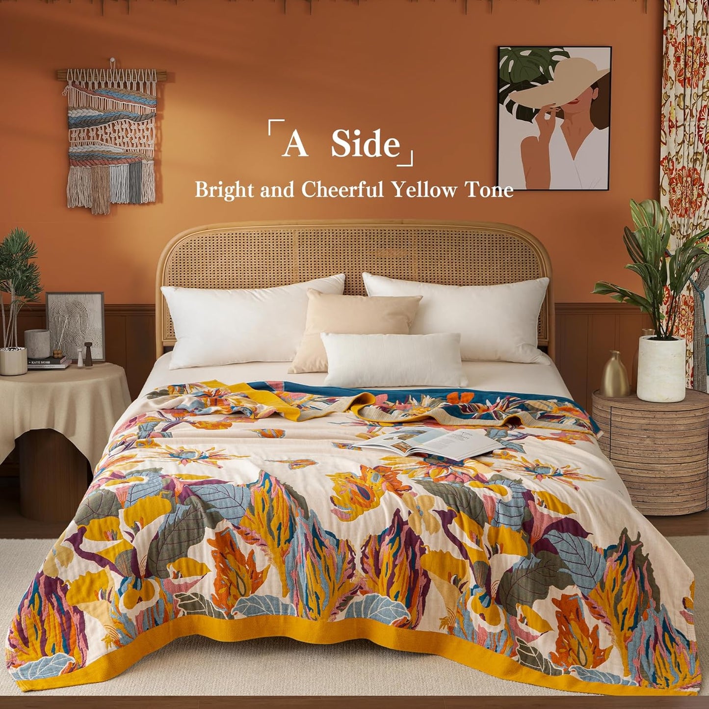 Boho Throw Blanket Throw Size, Soft Cozy Cotton Muslin Quilt Blanket for Bed Decor, Floral Patterned Couch Sofa Chair Cover, Vintage Farmhouse Cottage Tapestry Woven Blanket, Yellow&Blue