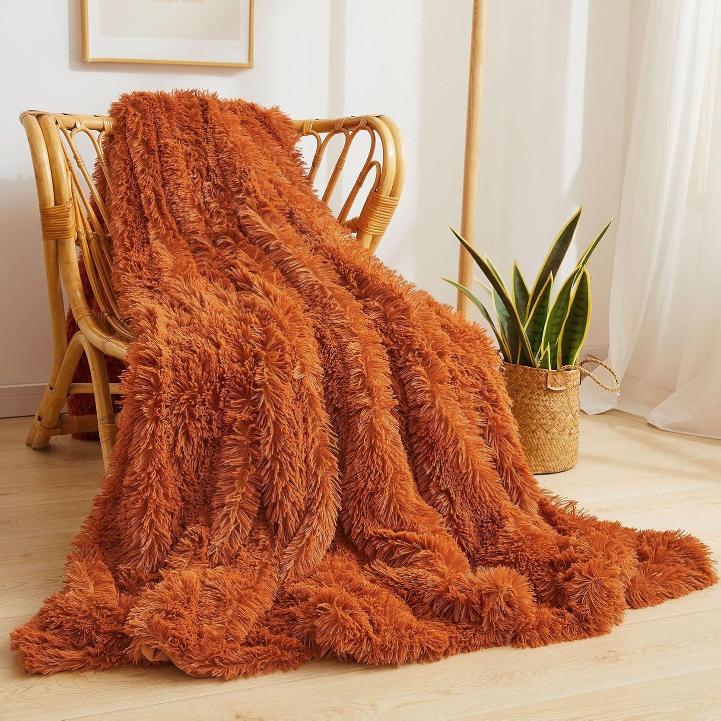 XeGe Luxury Faux Fur Blanket, Burnt Orange Soft Fluffy Bed Throw, Shaggy Plush Big Decorative Couch Throw, Cute Furry Fuzzy Blanket for Sofa Bed, Burnt Orange, 60x90