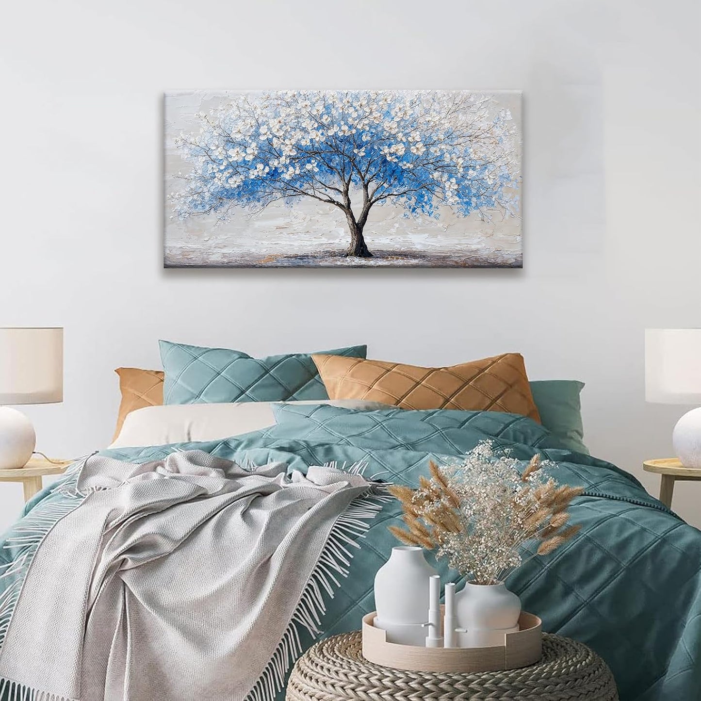 Suconvng Wall Art Blue Tree Of Life Canvas Art Wall Decor Painting Picture Modern Wall Art Prints Landscape Picture For Bedroom Bathroom Office Home Decor 20"×40" Ready To Hang
