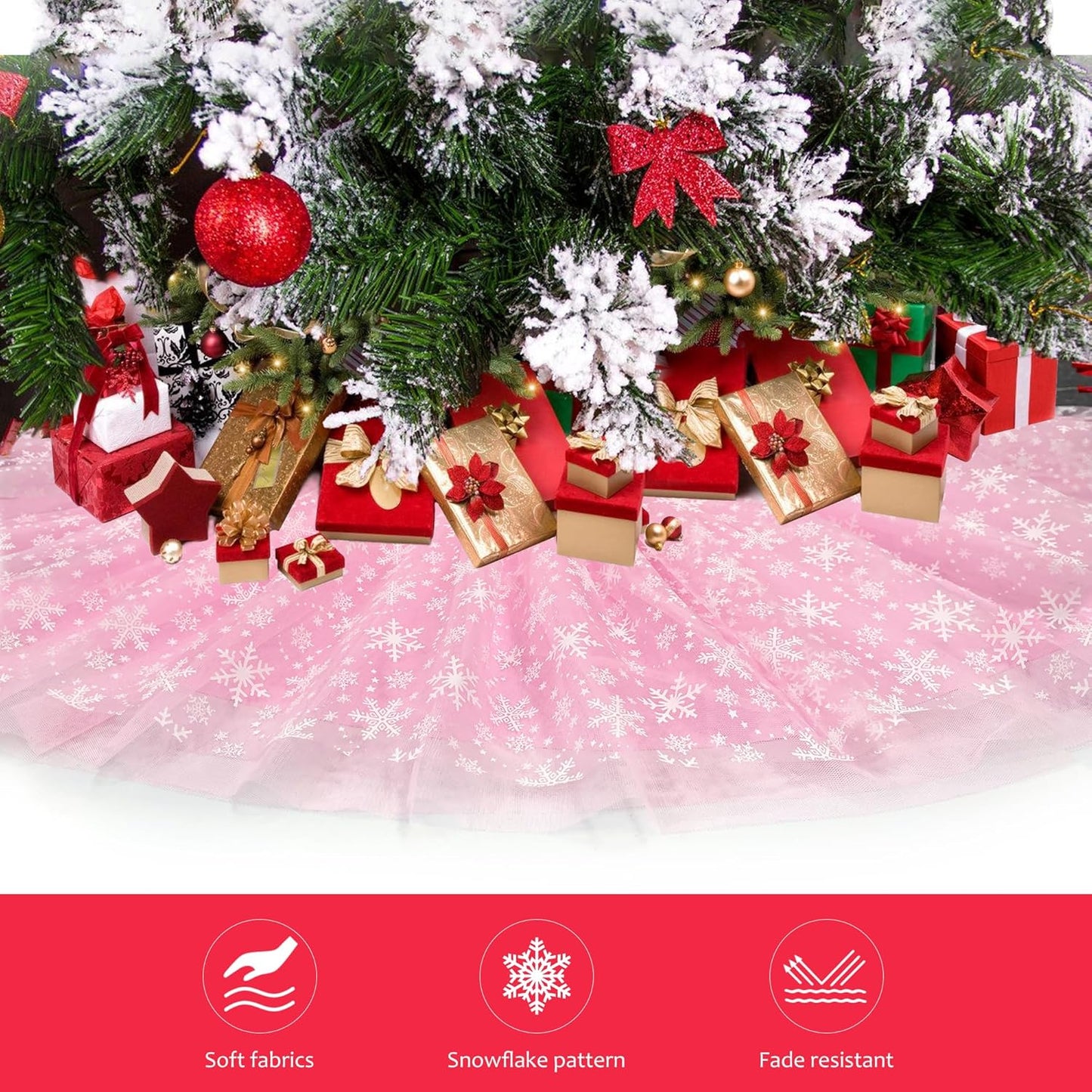 Christmas Wedding Tree Skirt, 4 Layer 45 in Snowflake Tulle Tree Decoration for Party Indoor, Fluffy Tree Cover Mat Ornament for Holiday, Pink