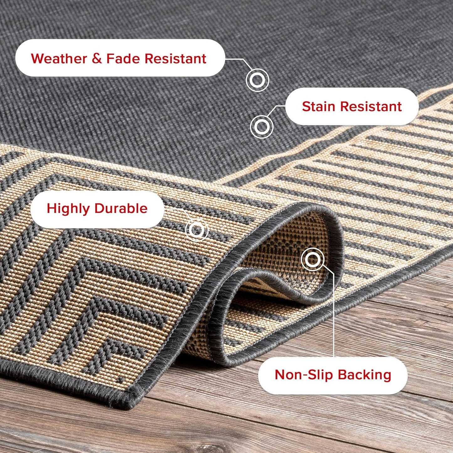 nuLOOM 2' x 3' Outdoor Area Rug, Casual Design With Striped Border, Stain Resistant, Highly Durable, For Patio, Balcony, Bedroom, Living Room, Dining Room, Bathroom, Dark Grey