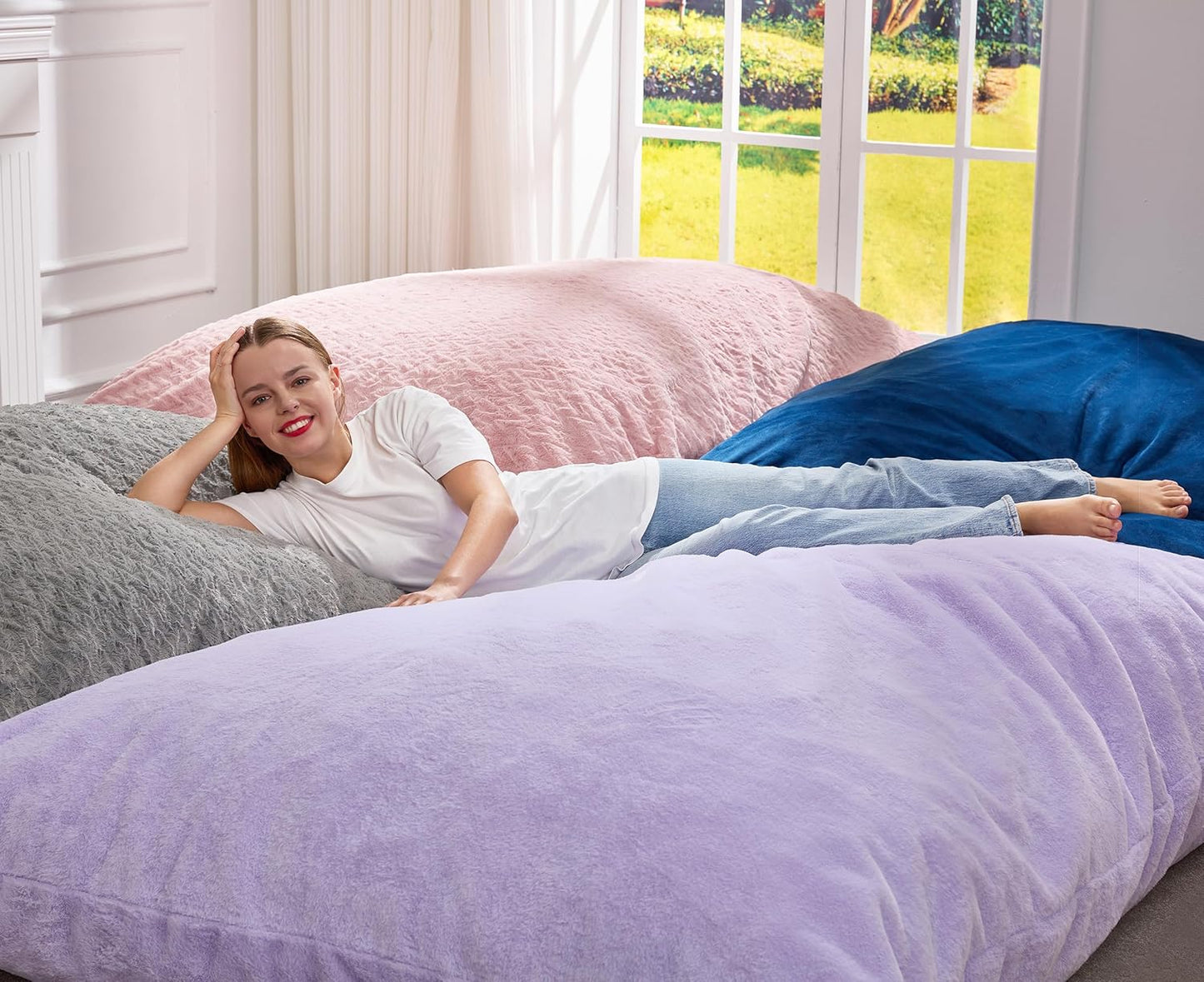 Hobestluk 3 in 1 Bean Bag Chair Giant Bean Bag Chairs for Adults with Plush Faux Fur Cover Convertible Bean Bag Floor Cushion with Machine Washable Cover for Living Room (Plush Purple)