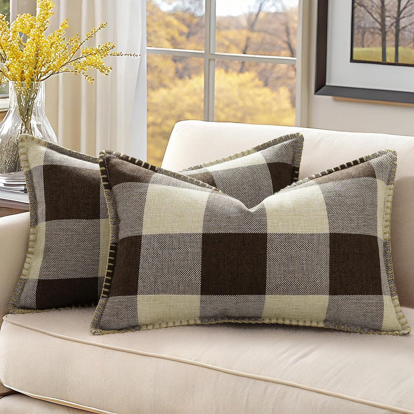decorUhome Buffalo Plaid Check Throw Pillow Covers 12x20 Set of 2, Outdoor Lumbar Decorative Farmhouse Neutral Pillow Covers with Stitched Edge for Bed Couch Sofa, Brown and Beige