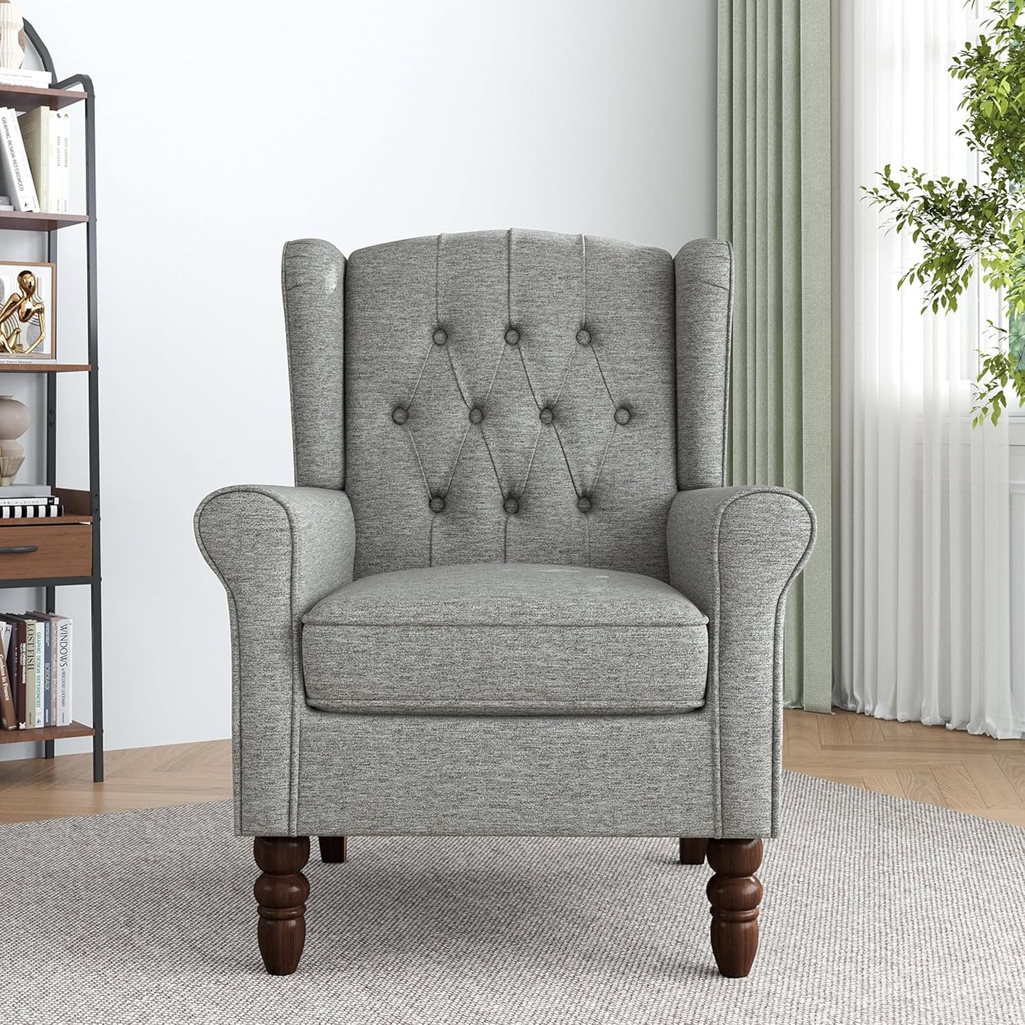 Lumibee High Back Accent Chair,Upholstered Wingback Armchair with Solid Wood Legs for Small Spaces,Comfy Single Sofa Chair for Living Room,Bedroom,Office-Light Gray