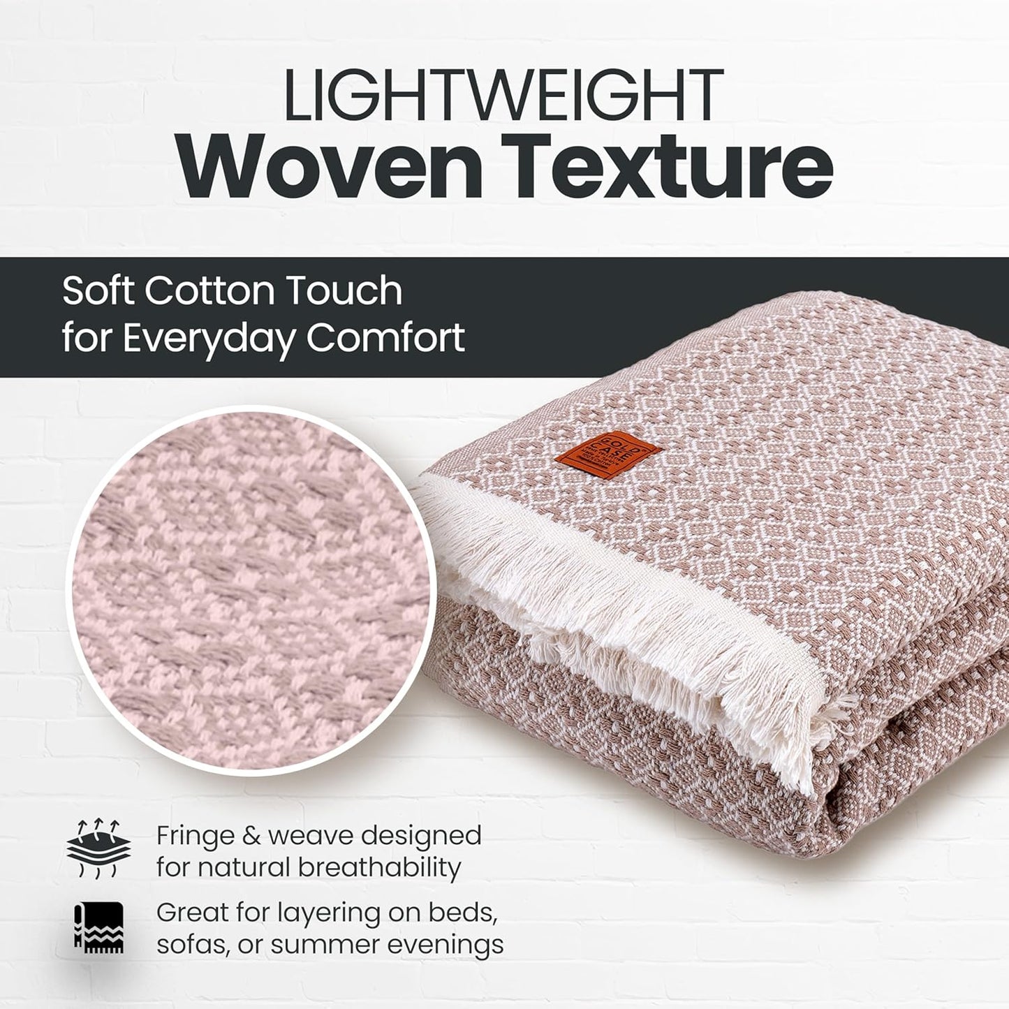 Gold Case Throw Blanket for Bed – 100% Recycled Turkish Cotton Bed Blanket – Decorative Throw Cotton Blankets for Living Room & Bedroom – Retro Beige Woven Queen Blankets – 90x90