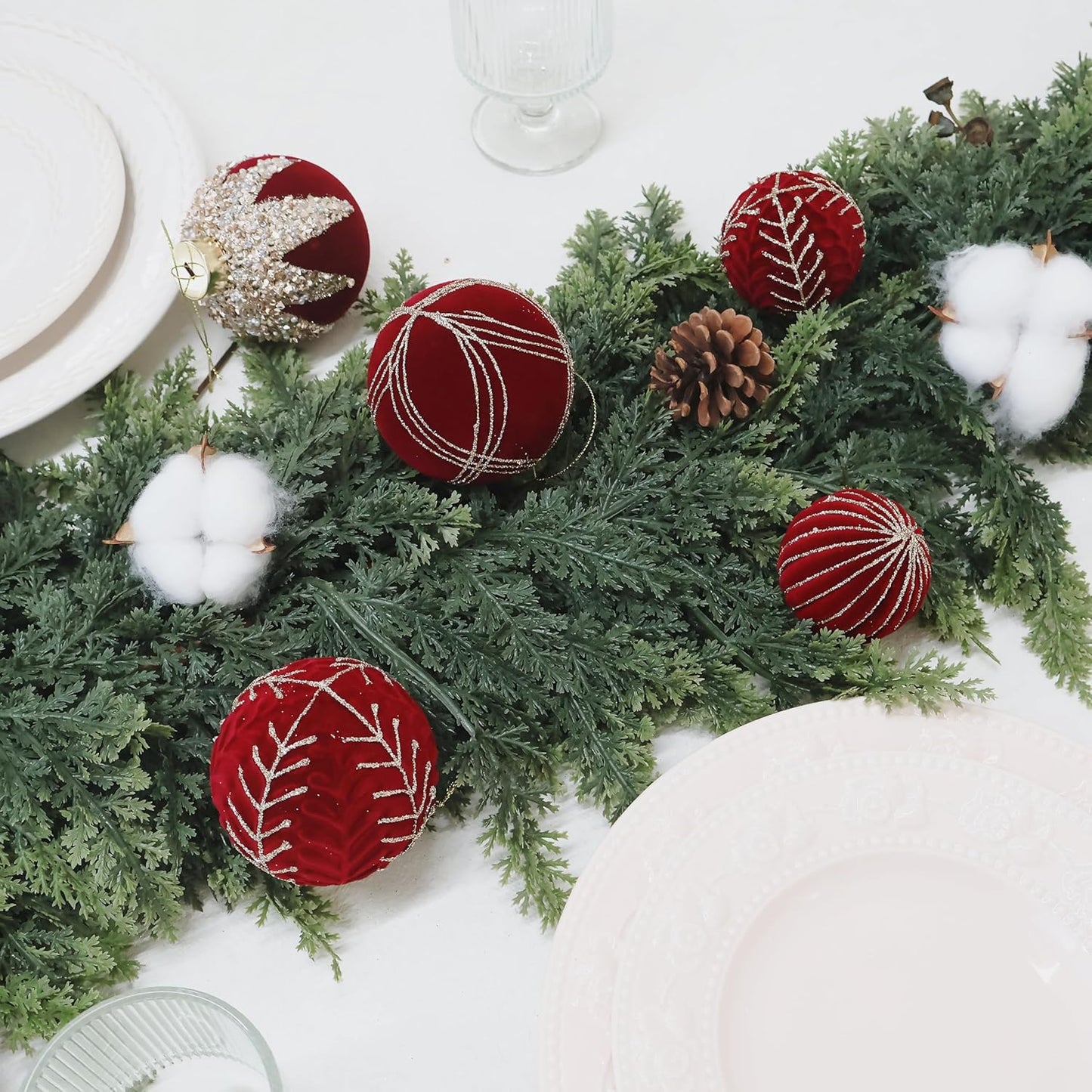 3.15INCH Burgundy Velvet Ornaments for Christmas Tree, 12PCS Glitter Flocked Christmas Ornaments Decorations Balls Set Decor