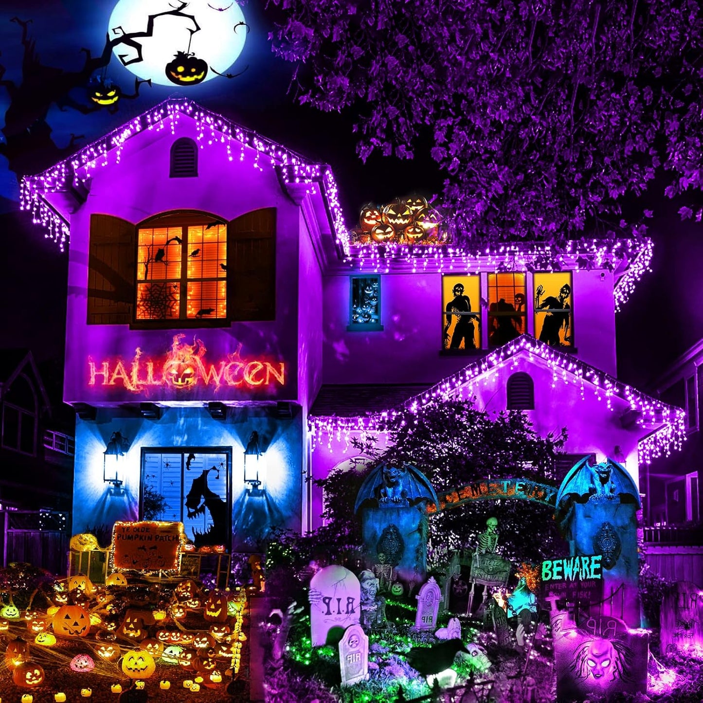 400 LED Purple Halloween Lights Outdoor, 33ft Icicle Lights for Outside with 75 Drops, Waterproof Christmas Icicle Light Plug in for Indoor Outside Party Holiday Christmas Halloween Decorations