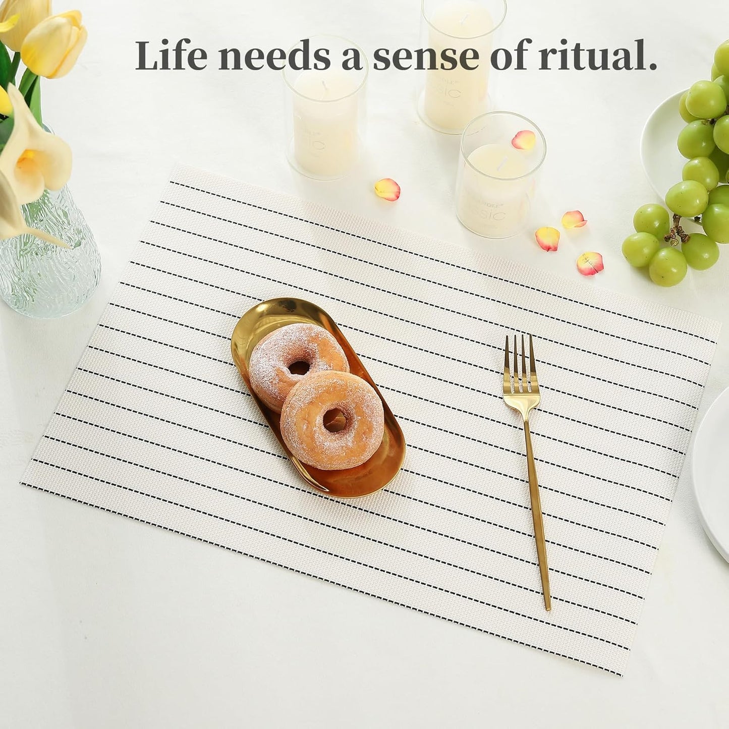 Leetaltree White with Black Stripes Placemats Set of 12 - Heat Resistant Non-Slip Place mats for Dining Table, Washable Durable PVC Vinyl Woven Table Mats（White Stripes, 12）