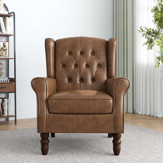 High Back Accent Chair,Upholstered Faux Leather Wingback Armchair with Solid Wood Legs for Small Spaces,Comfy Single Sofa Chair for Living Room,Bedroom,Office-Brown