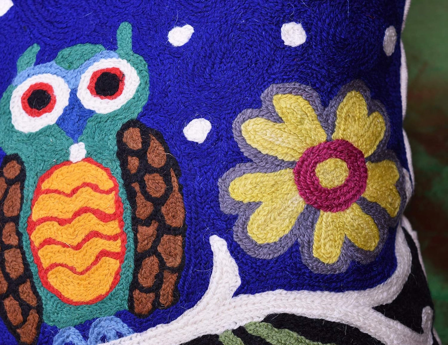 Lumbar Four Owls Decorative Pillow Cover Blue Whimsical Hand Embroidered Wool 14x20