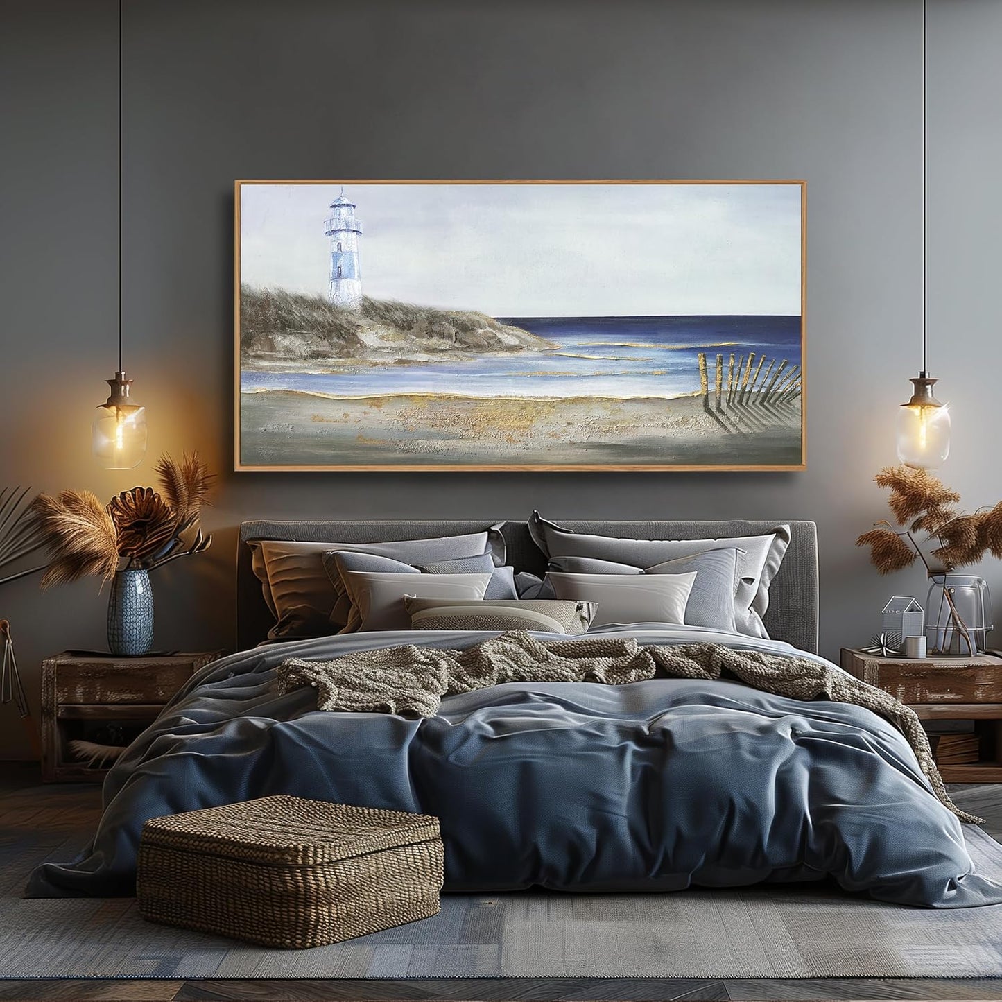 Yuaxker Ocean Wall Art Blue and Grey Wall Decor Framed Canvas Painting Coastal Aesthetic Artwork for Living Room Bedroom Dining Room Office Home Decor 24x48 Inch