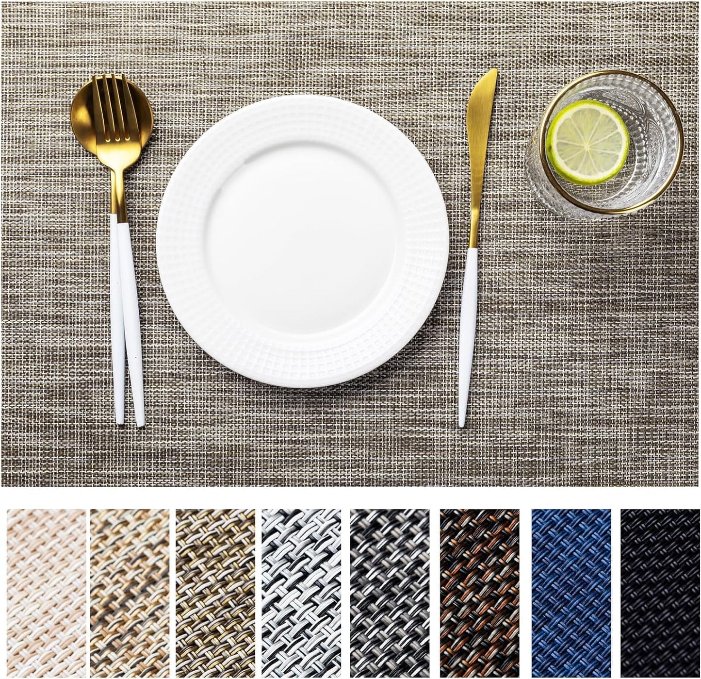 LEXMORE Placemats Set of 8 Vinyl/Plastic Woven Place Mats for Kitchen Table Indoor/Outdoor Washable Placemat Wipeable Dining Table Mats(A-Cappuccino)