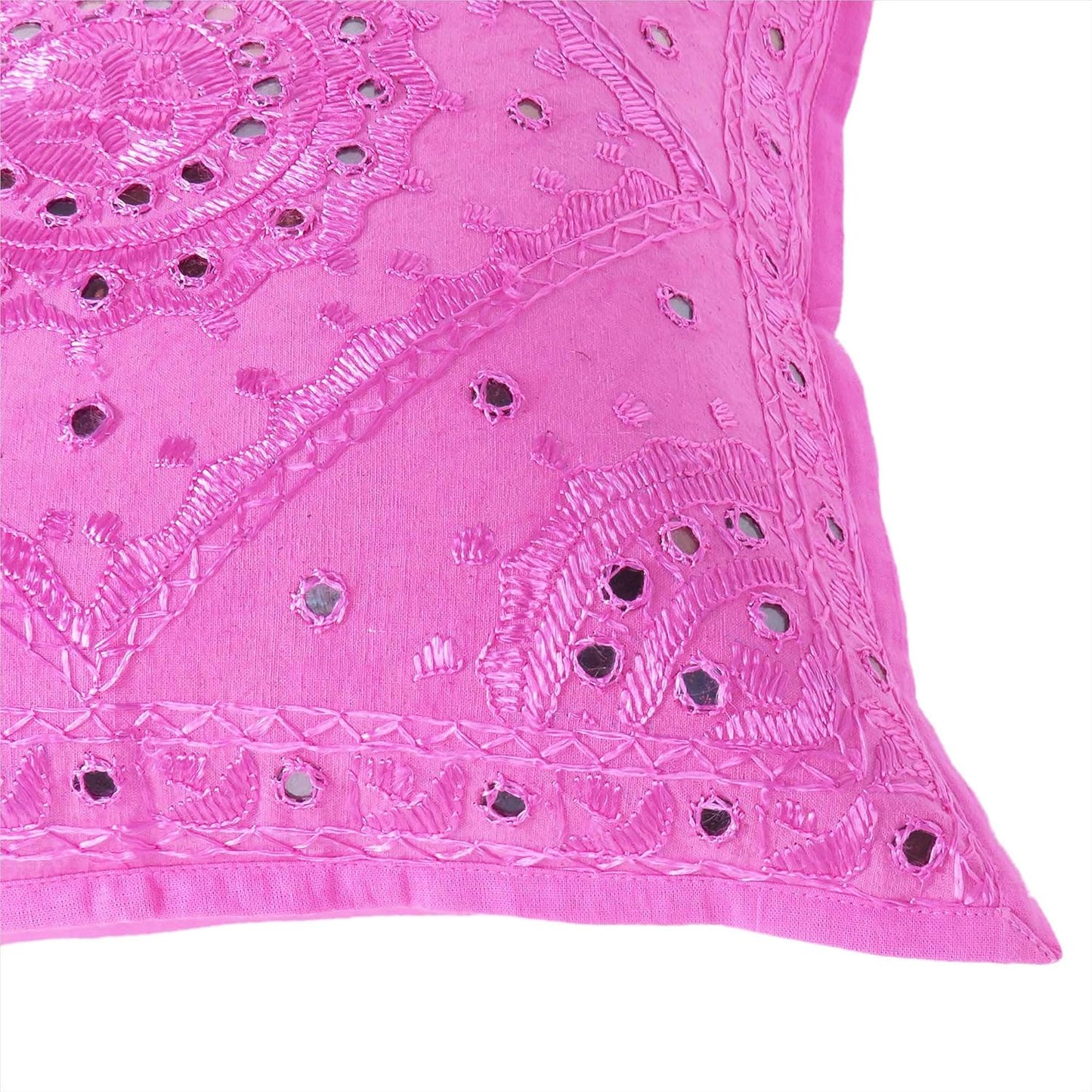 Eyes of India Embroidered Decorative Boho Throw Pillow Cover with Mirrors, Handmade Bohemian Accent Cushion Case for Sofa Couch Bedroom Living Room (Pink, 24" x 24")