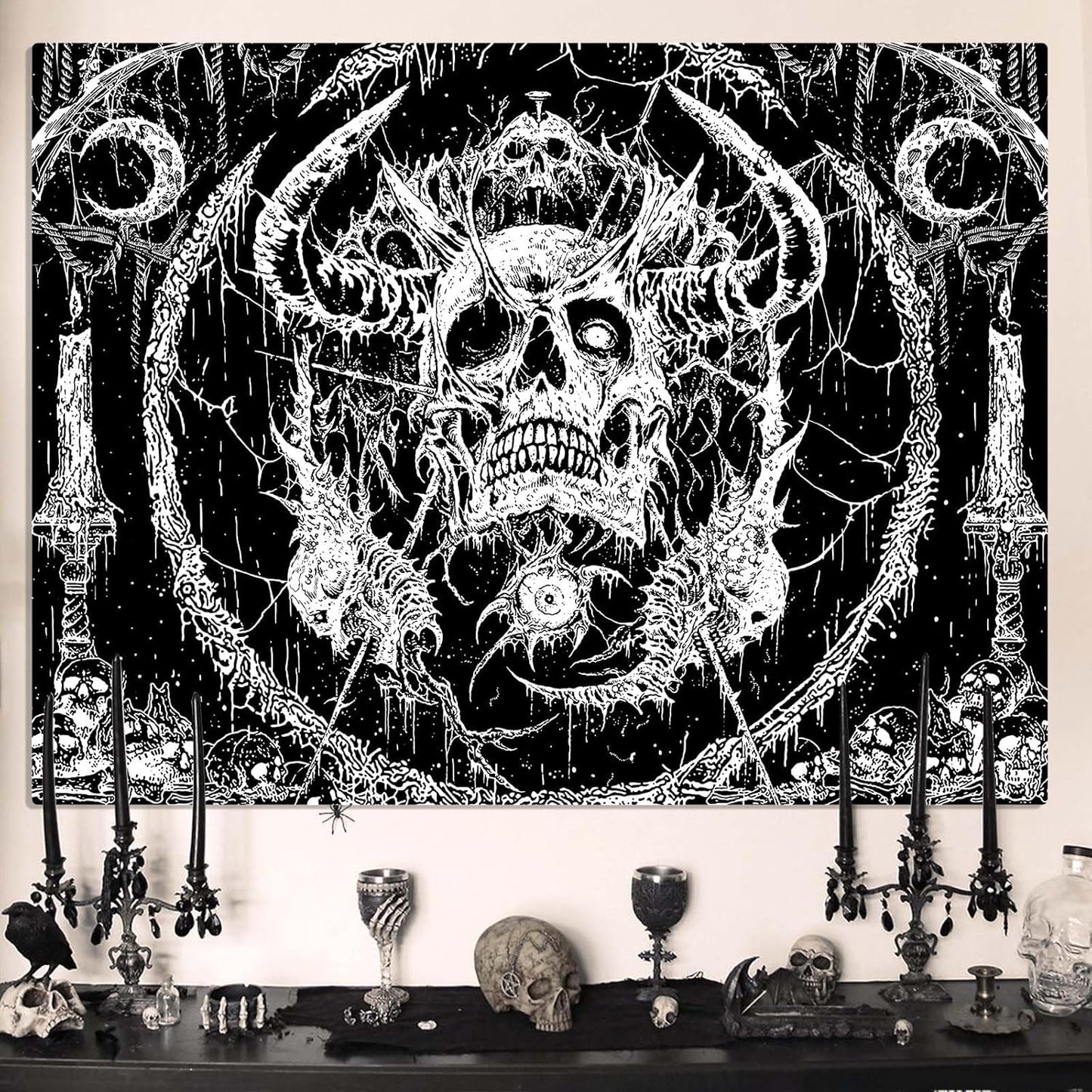 Lifeella Skull Tapestry, Gothic Horror Moon Skeleton Mystic Dark Tapestries for Bedroom Grunge Wall Hanging Black and White 60 x 80 inch