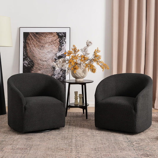KINWELL 32" Wide Modern Boucle Swivel Barrel Chairs Set of 2, No Assembly Round Upholstered Swivel Accent Armchairs for Living Room, Bedroom (Black)
