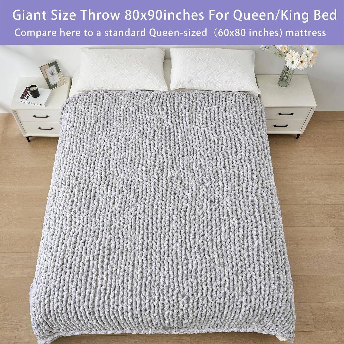 Bigacogo Chunky Knit Throw Blanket for Couch, 80x90 inches, 100% Hand Knitted with Thick Jumbo Chenille Yarn, Cozy Soft Large Rope Knot Cable Crochet Blankets for Sofa Bed Living Room, Light Grey