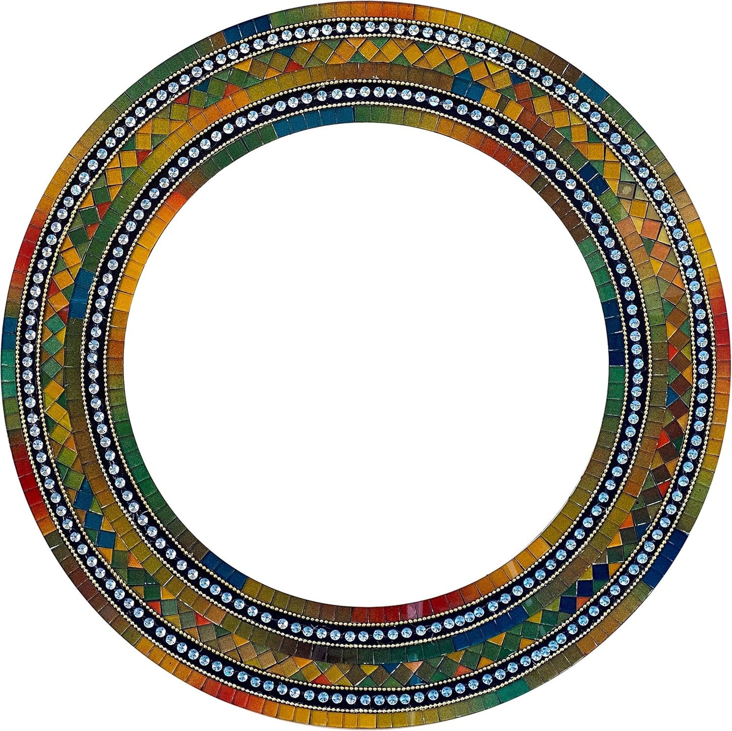 Mosaic Mirror, Wall Art Décor – Handcrafted Decorative Wall Mirror, Autumn Green, Deep Blue, and Brown Round Mosaic