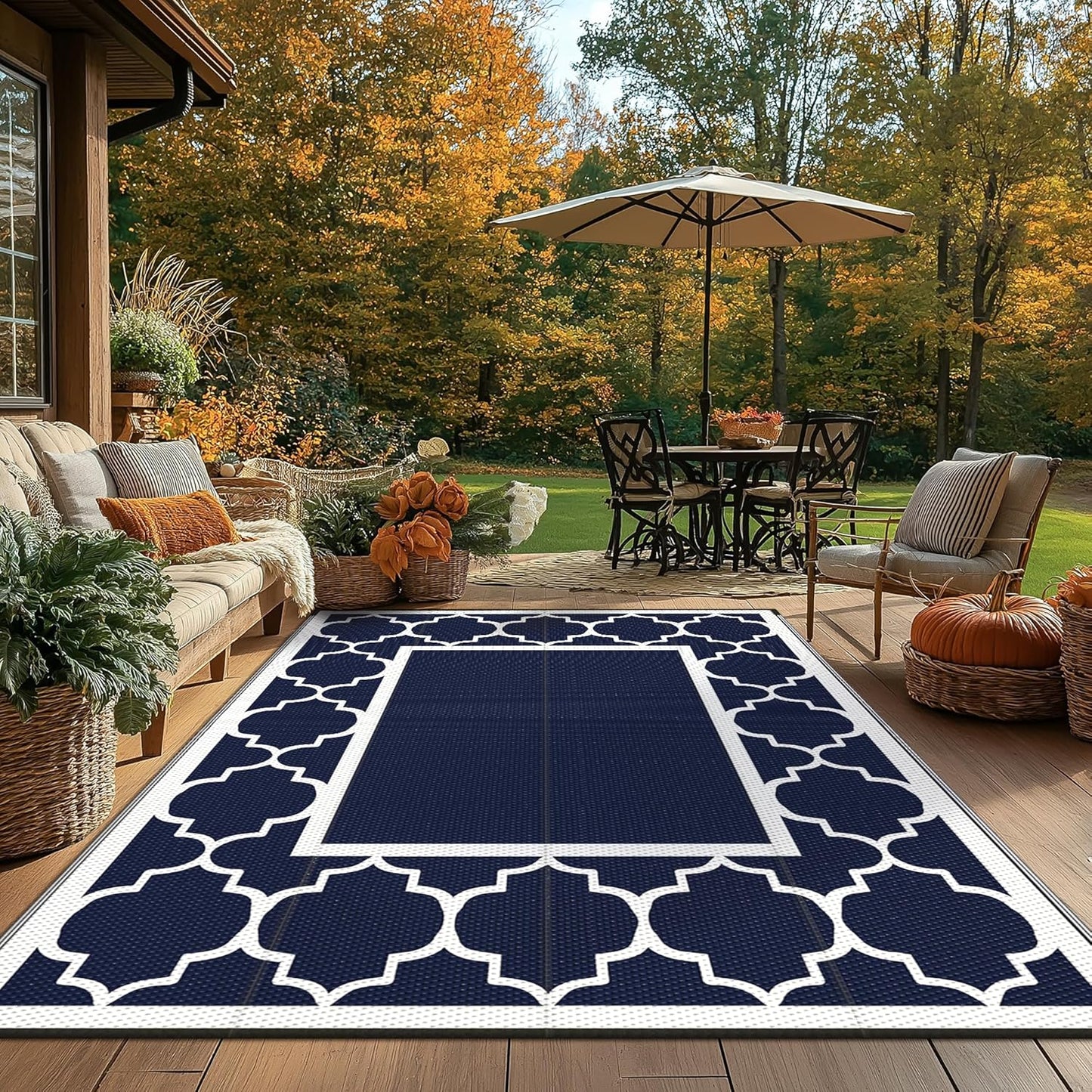 GENIMO 5' x 8' Outdoor Rug Waterproof for Patio Fall Decor, Foldable Reversible Plastic Straw Area Rugs Mat for Camper, Outside Carpet for Rv, Deck, Porch, Picnic, Beach, Balcony, Blue & White