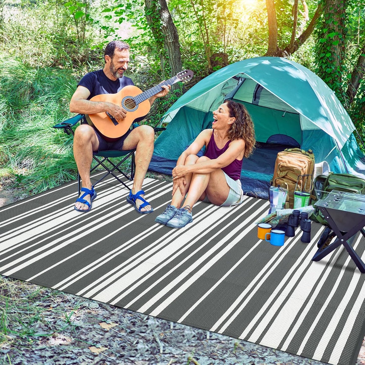 Outdoor Patio Rug 9x12 Stain-Resistant Reversible Camping Mat, Modern Striped Outdoor Plastic Straw Rug, Waterproof Outside Carpet, Easy to Clean for RV, Porch, Deck, Balcony, Grey