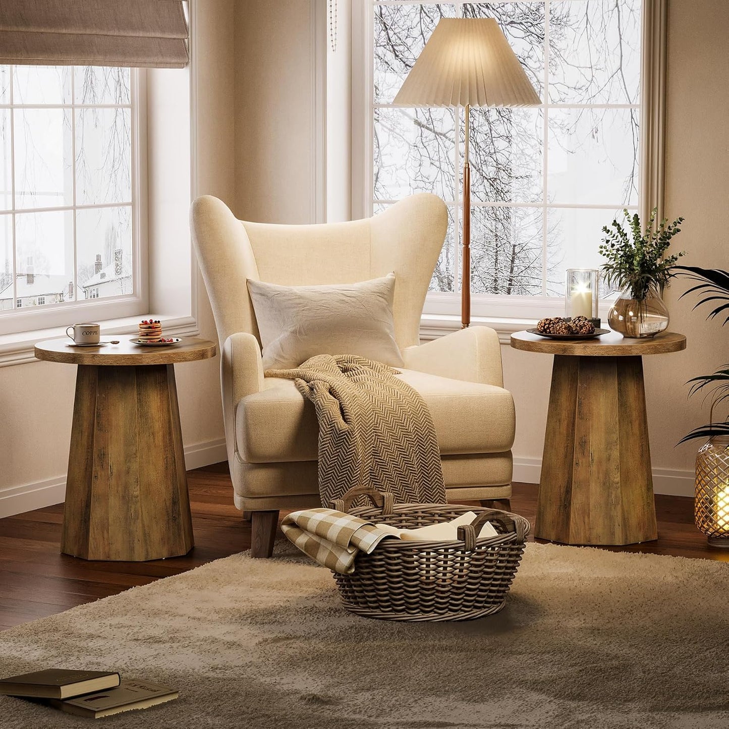 Tribesigns Round Pedestal End Table, Farmhouse Couch Side Table with Octagonal Base, Nightstand Accent Wooden Drink Stand (2, Rustic Brown)