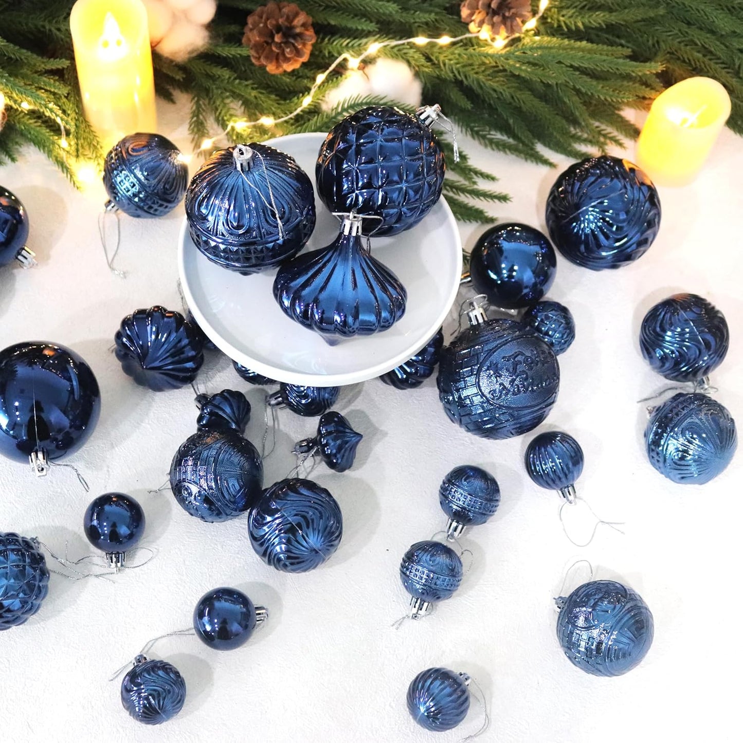Senjie 36pcs Night Blue Christmas Ornaments Set with 7 Styles Multi-Size Shatterproof Christmas Tree Decorations