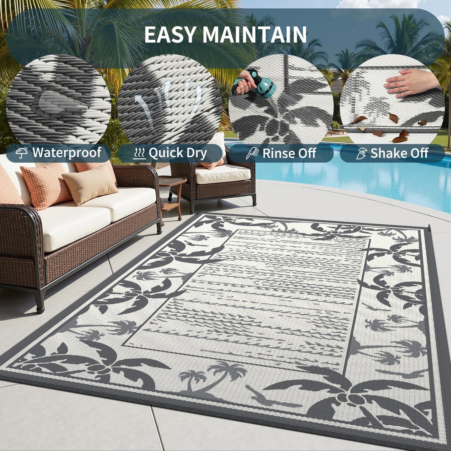 COCOER Outdoor-Rug 6x9 ft Waterproof Reversible Outdoor Plastic Straw Rug RV Indoor Outdoor Carpet Quick Dry Patio Rug Camping Mat for Balcony Backyard Picnic Beach-Grey&Beige