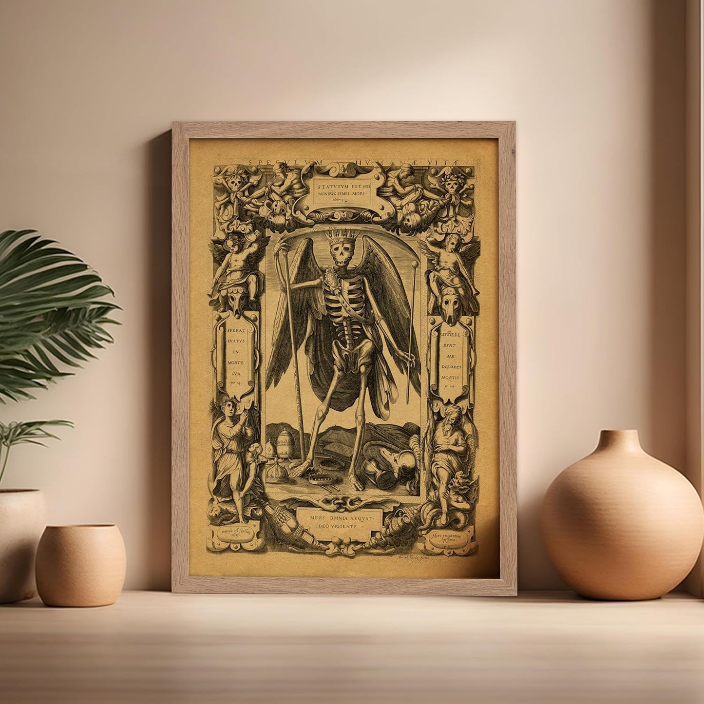 Poster Master Vintage Medieval Poster - Retro Gothic Print - Gift for Artist, Friend - Angel of Death, Memento Mori, Life, Skeleton, Dark - Wall Decor for Home, Living Room, 16x20 Beige Framed