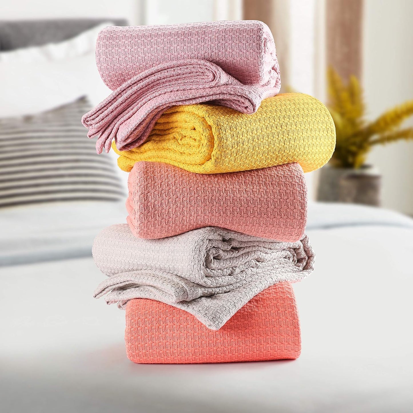 Elvana Home 100% Cotton Bed Blanket, Breathable Bed Blanket Full - Queen Size, Cotton Thermal Blankets Full - Queen, Perfect for Layering Any Bed for All Season, Light Blue