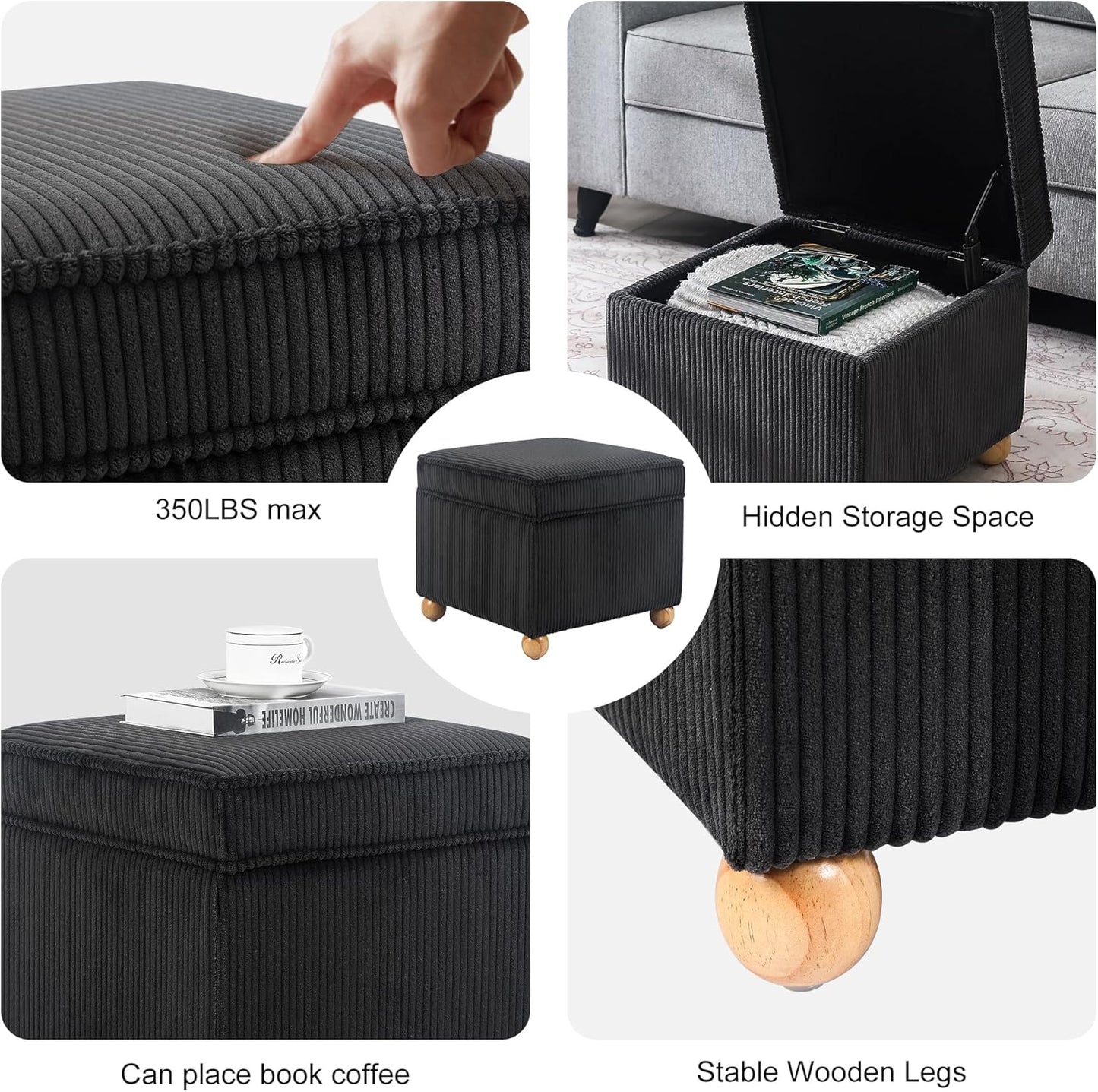 Adeco 17 Inch High Striped Flannel Black Cube Ottoman Storage, 3D Embossed Velvet Chair Foot Stools, Upholstered Vanity Stool with Hinged Lid, Solid Round Wood Legs