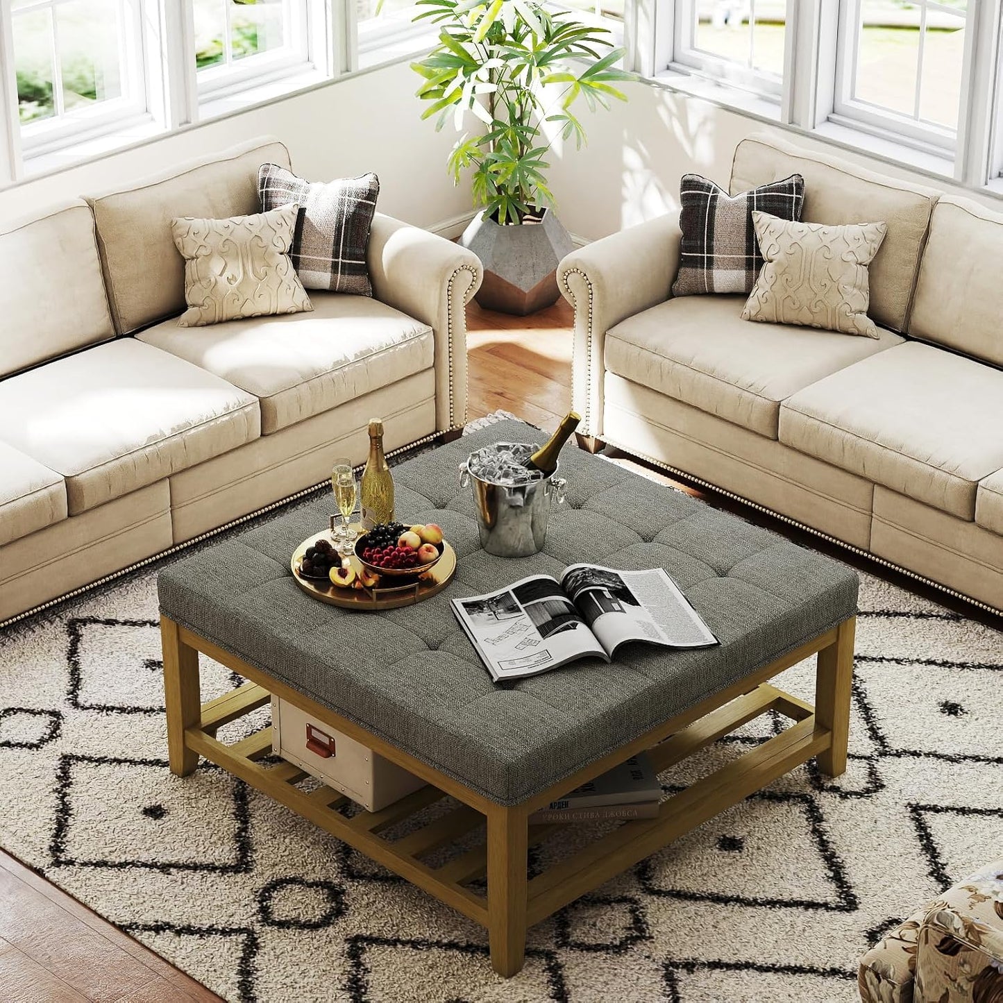 Large Square Ottoman Coffee Table, Linen Solid Upholstered Footrest Ottoman with Solid Wood Shelf Storage Tufted Coffee Table for Bedroom Living Room, Granite