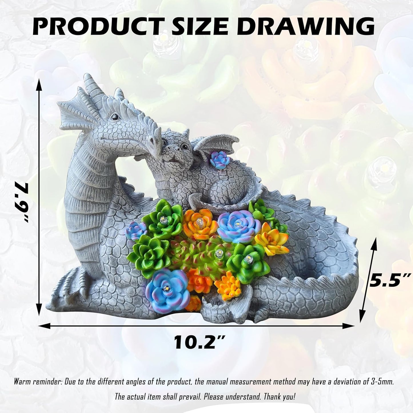 Solar Dragon Statue with LED Lights, Dargon Lover Gifts with Succulent and 6 LED Lights for Outdoor,Solar Dragon Decor for Yard, Garden and Patio, Unique Garden Statue for Mom Grandma