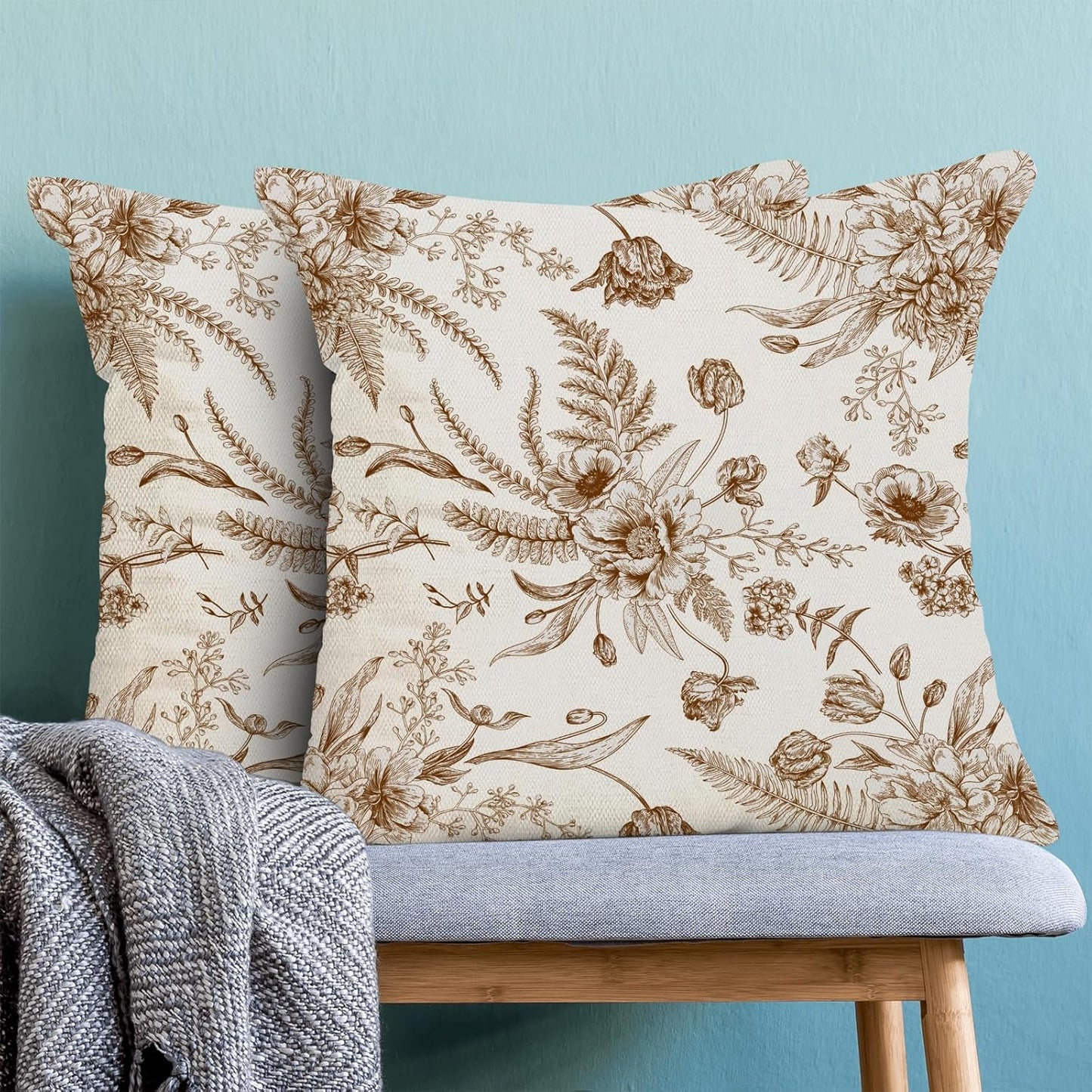 CXMEIFLY Spring Floral Leaves Pillow Covers 20 x 20 Inch Set of 2 for Chinoiserie Flowers Decor Throw Pillows Brown and White Seasonal Plant Outdoor Decorative Cushion Cases for Couch Bed Decorations