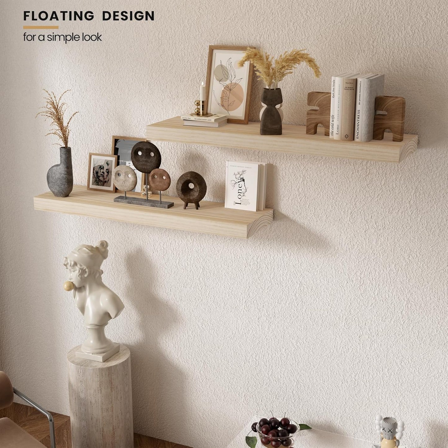 Light Wood Floating Shelves 36”x 8”x 1.4” Book Shelf Floating for Wall Mounted, Heavy Duty Shelf Hold 80 lbs, Unfinished Rustic Wall Shelves for Bedroom, Living Room, Kitchen, Office, Laundry Room