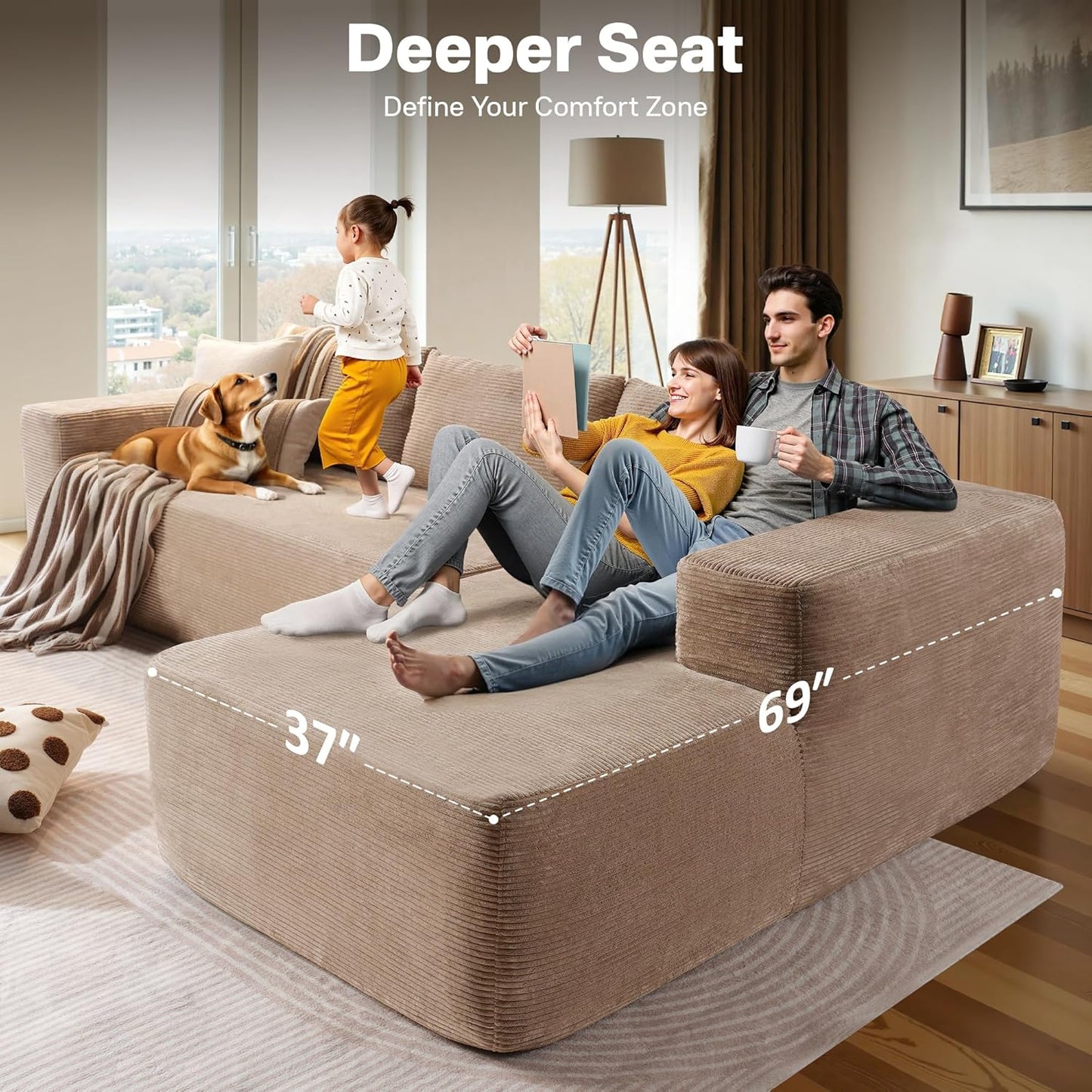 104" Cloud Sectional Couches for Living Room,L Shaped Boneless Couch in A Box,Sleeper Sofa with Comfy Chaise No Assembly Required,Camel