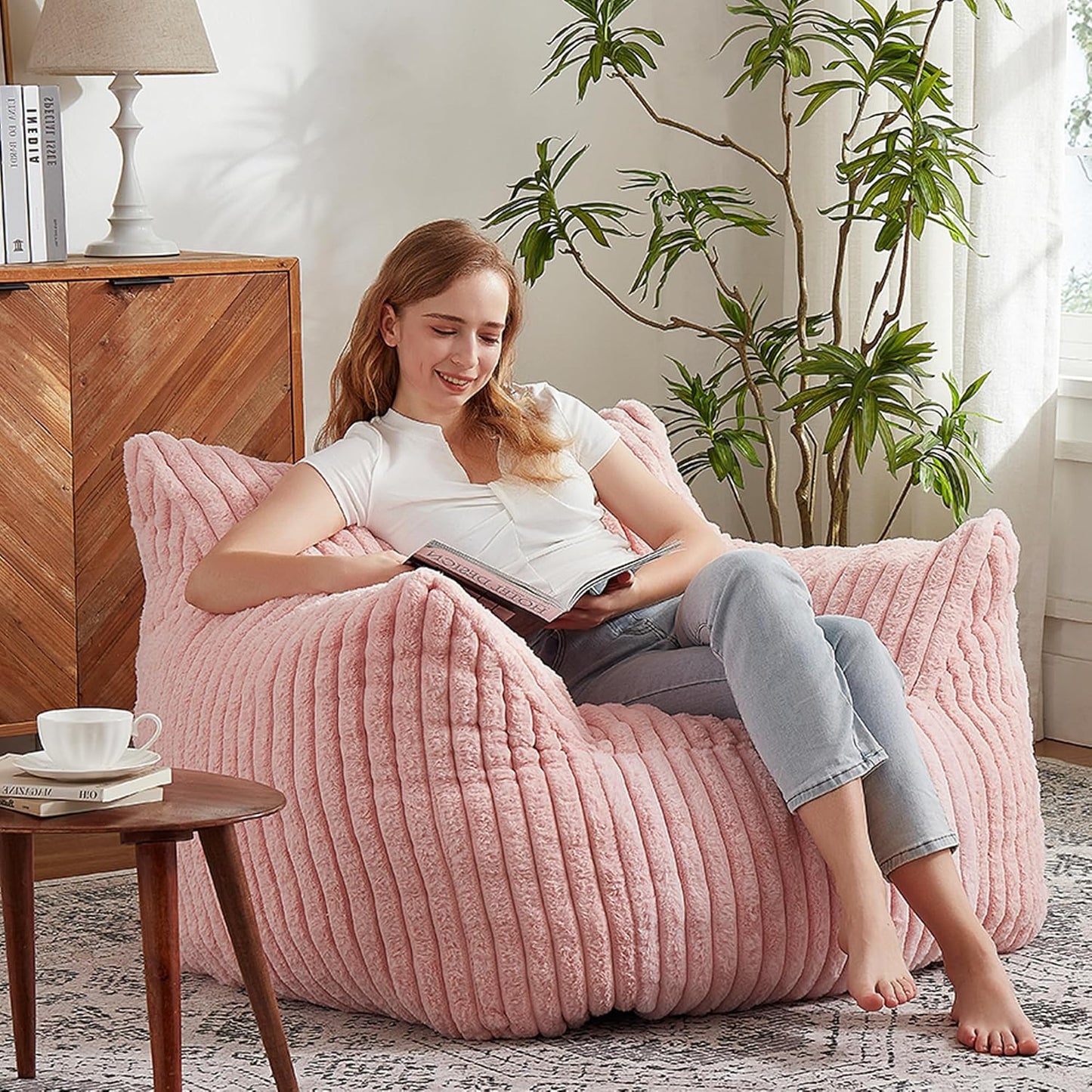 Giant Bean Bag Chairs for Adults with Filling Plush Fluffy Bean Bag Chairs for Teens with Armrests Comfy BeanBag Lazy Couch Sofa Chair for Bedroom Living Room Reading