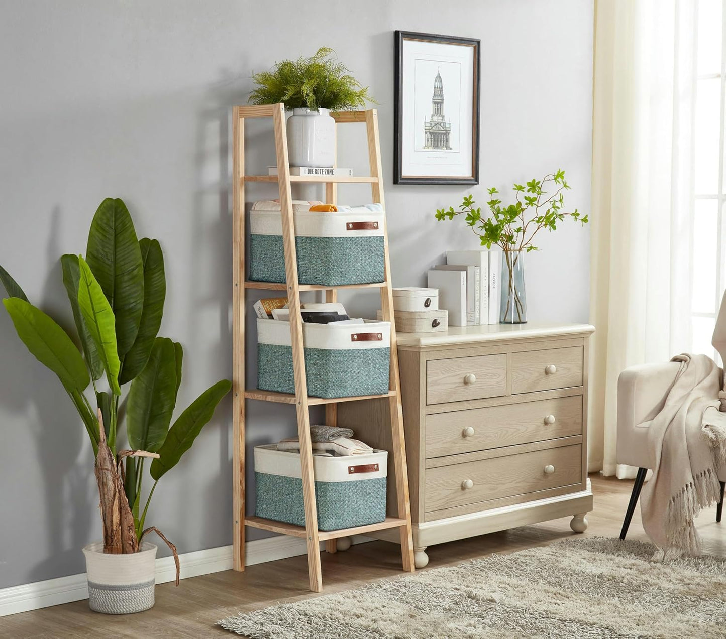 DECOMOMO Storage Bins Fabric Storage Baskets for Shelves, Linen Closet Organization Toys Nursery (Green and White, Large - 3 Pack)