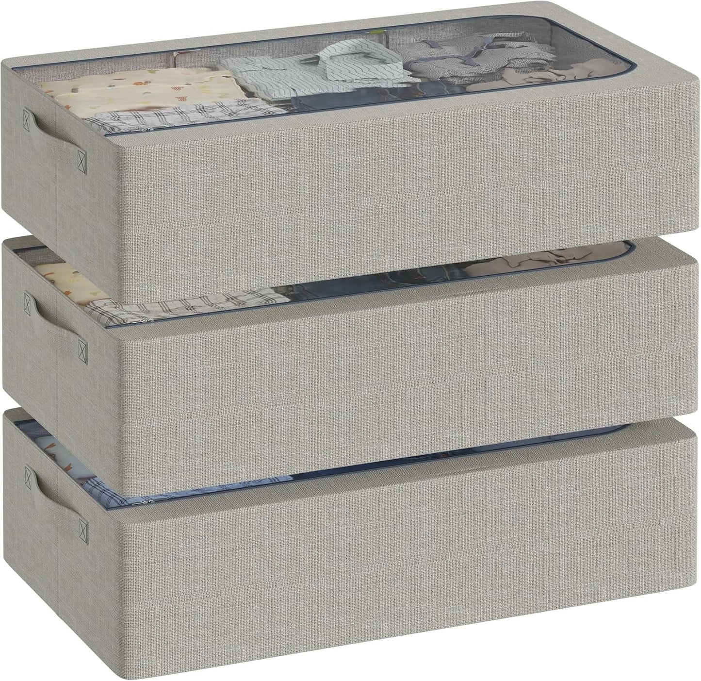 3PCS Under Bed Storage Bins with Metal Frame, Linen Fabric Frame Storage Box Clothes Organizer Bins, Underbed Container with Clear Window (Light Grey, 15.7 x 13 x 6IN)