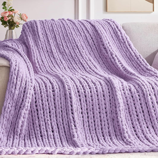 Chunky Knit Throw Blanket, 50''*60'' Knitted Throw Chenille Yarn for Bed Couch, Handmade Light Purple Crochet Big Thick Blanket, Machine Washable Cute Comfy Blanket for Home Decor