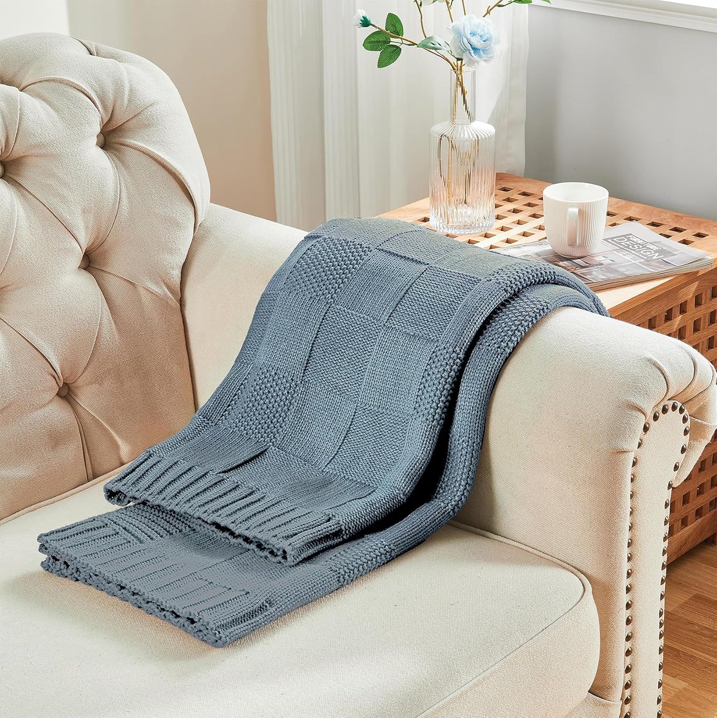 CozeCube Check Knit Throw Blanket, Dusty Blue Checkered Throw for Couch, Decorative Christmas Soft Cozy Warm Knitted Blanket for Bed Sofa Living Room, 50"X60"