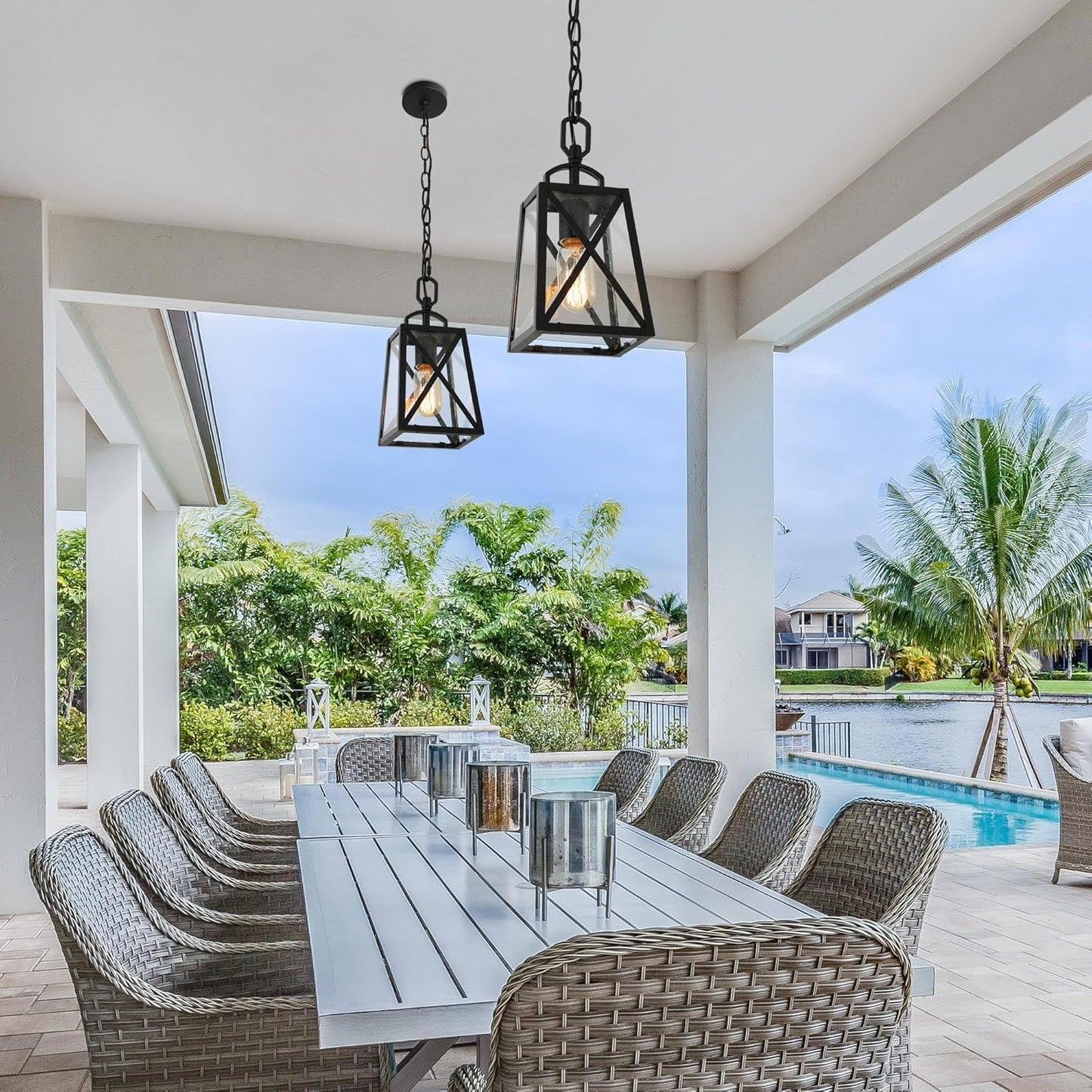 LOG BARN Outdoor Pendant Light Fixture, Farmhouse Exterior Lights, Anti-Rust Ceiling Outdoor Light with Seeded Glass, Lantern Hanging Light for Front Door, Entry, Porch, and Gazebo