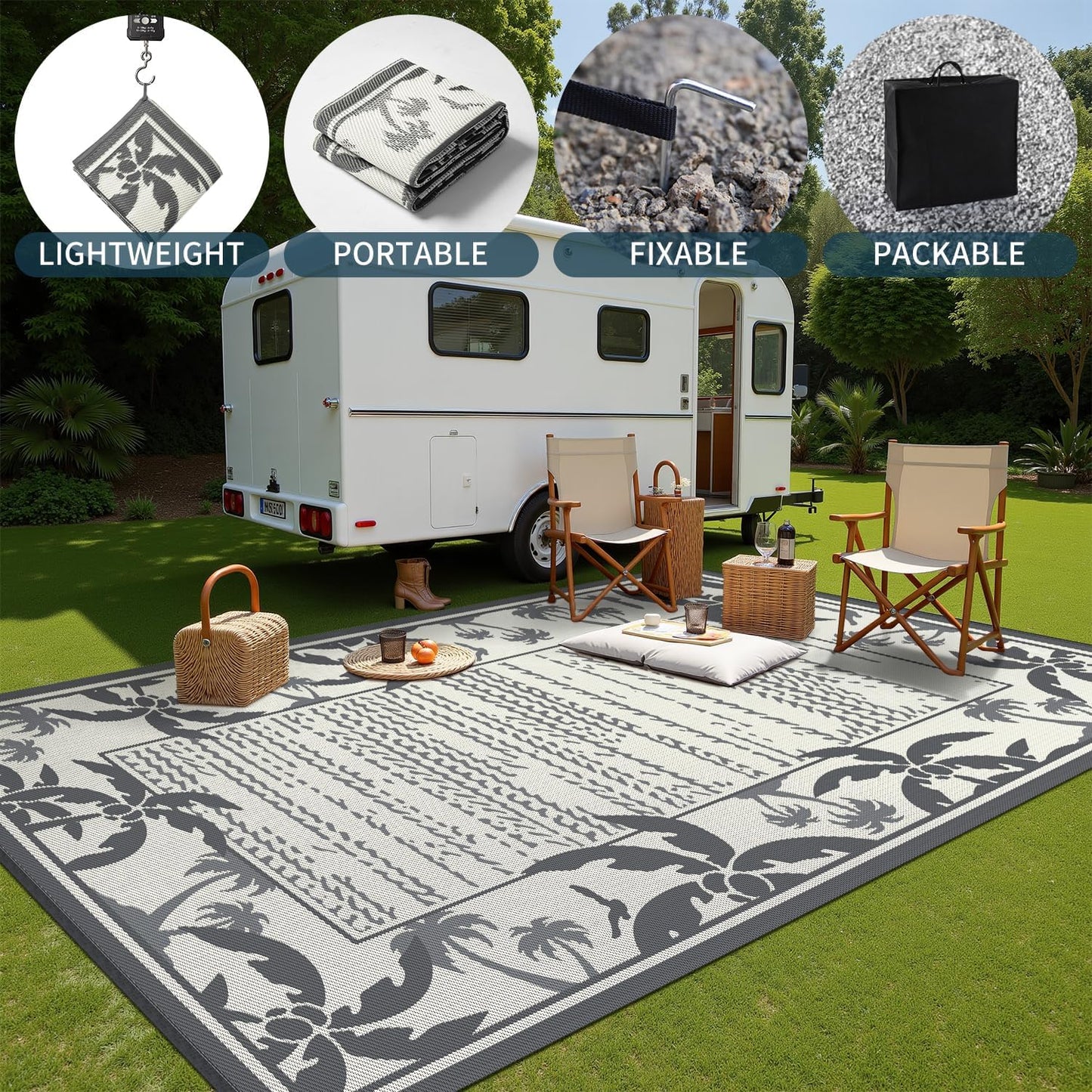 COCOER Outdoor-Rug 9x12 ft Waterproof Outdoor Plastic Straw Rug Reversible RV Indoor Outdoor Carpet Quick Dry Patio Rug Camping Mat for Balcony Backyard Picnic Beach-Grey&Beige