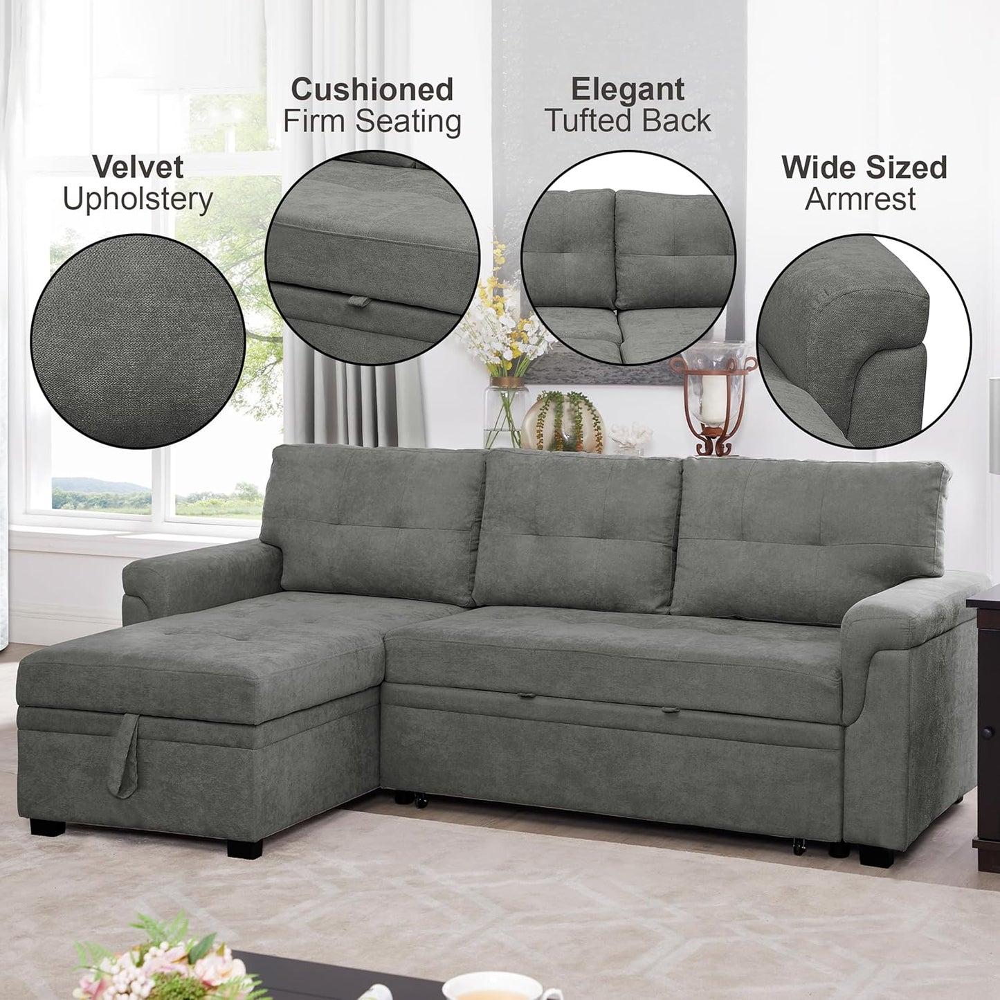 Naomi Home Transform Any Space: Sleeper Sectional Sofa with Convertible Sofa Bed & Inviting Chaise. Find Tranquil Comfort with Stress-Relieving Design & Durable Cushions - Gray/Velvet