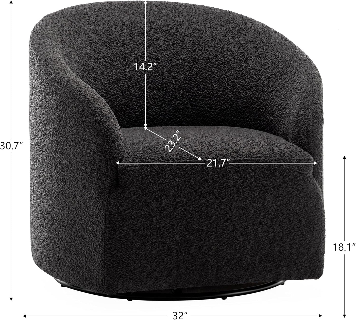 KINWELL 32" Wide Modern Boucle Swivel Barrel Chair, No Assembly Round Upholstered Swivel Accent Armchair for Living Room, Bedroom, Office (Black)
