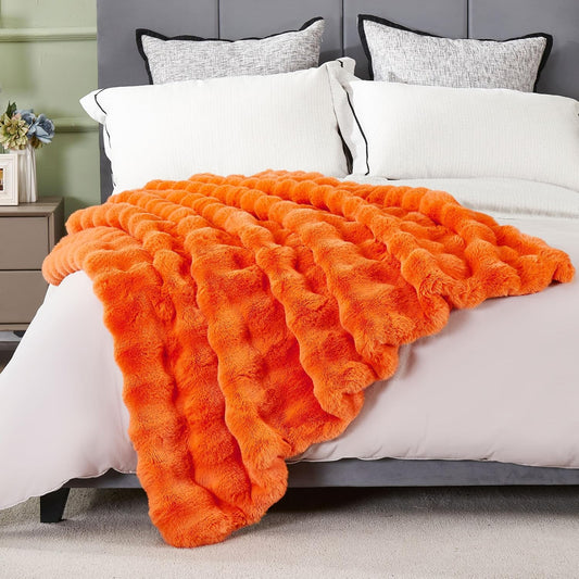 DREAMNINE Oversized Fuzzy Soft Fall Faux Fur Throw BlanketTwin Size 60" x 70", Luxury Large Autumn Plush Fluffy Blankets, Cute Lovely Halloween Cozy Thick Warm Furry Blanket for Winter, Pumpkin Orange