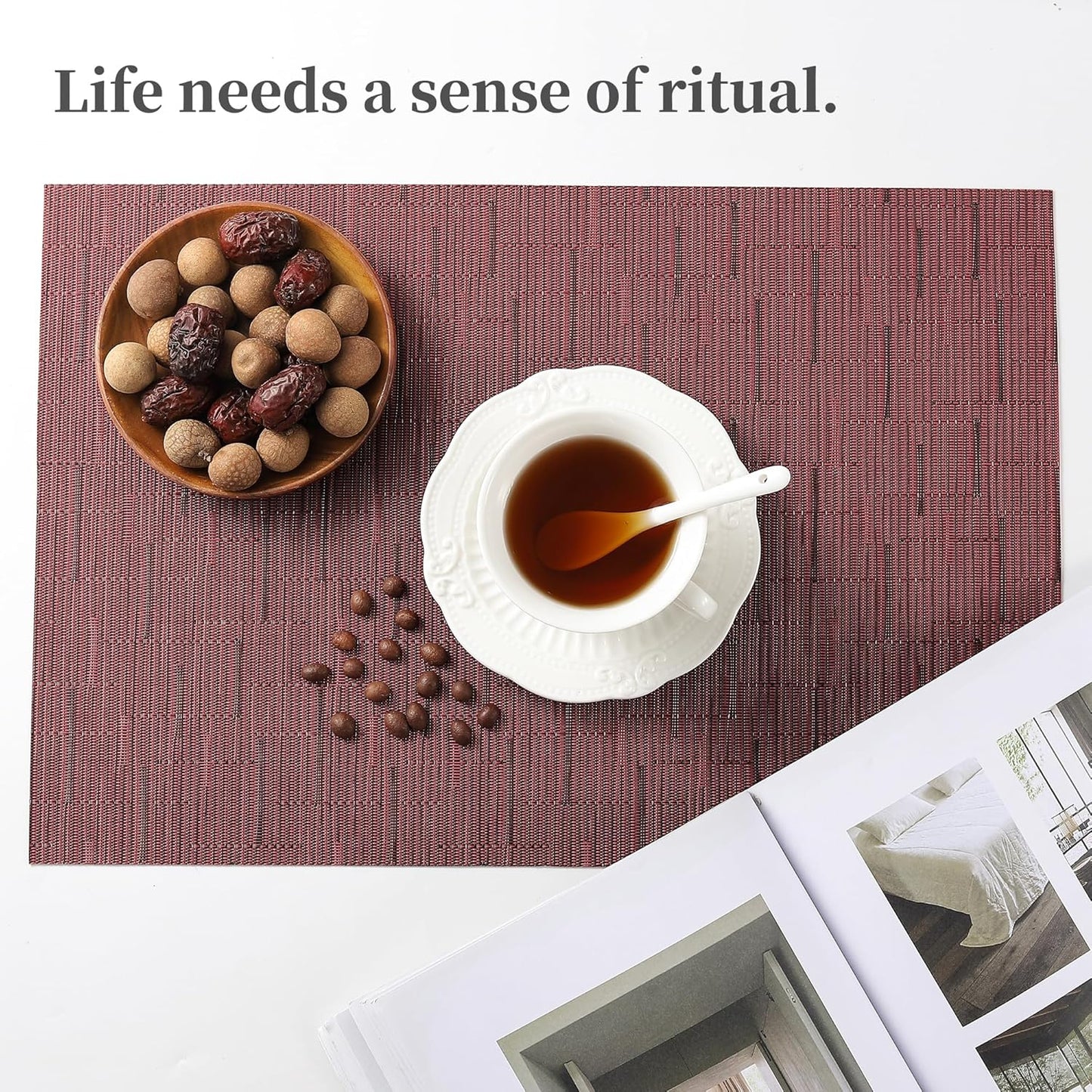 Leetaltree Burgundy Placemats Set of 4 - Heat Resistant Non-Slip Place mats for Dining Table, Washable Durable PVC Vinyl Woven Table Mats（Burgundy, 4）