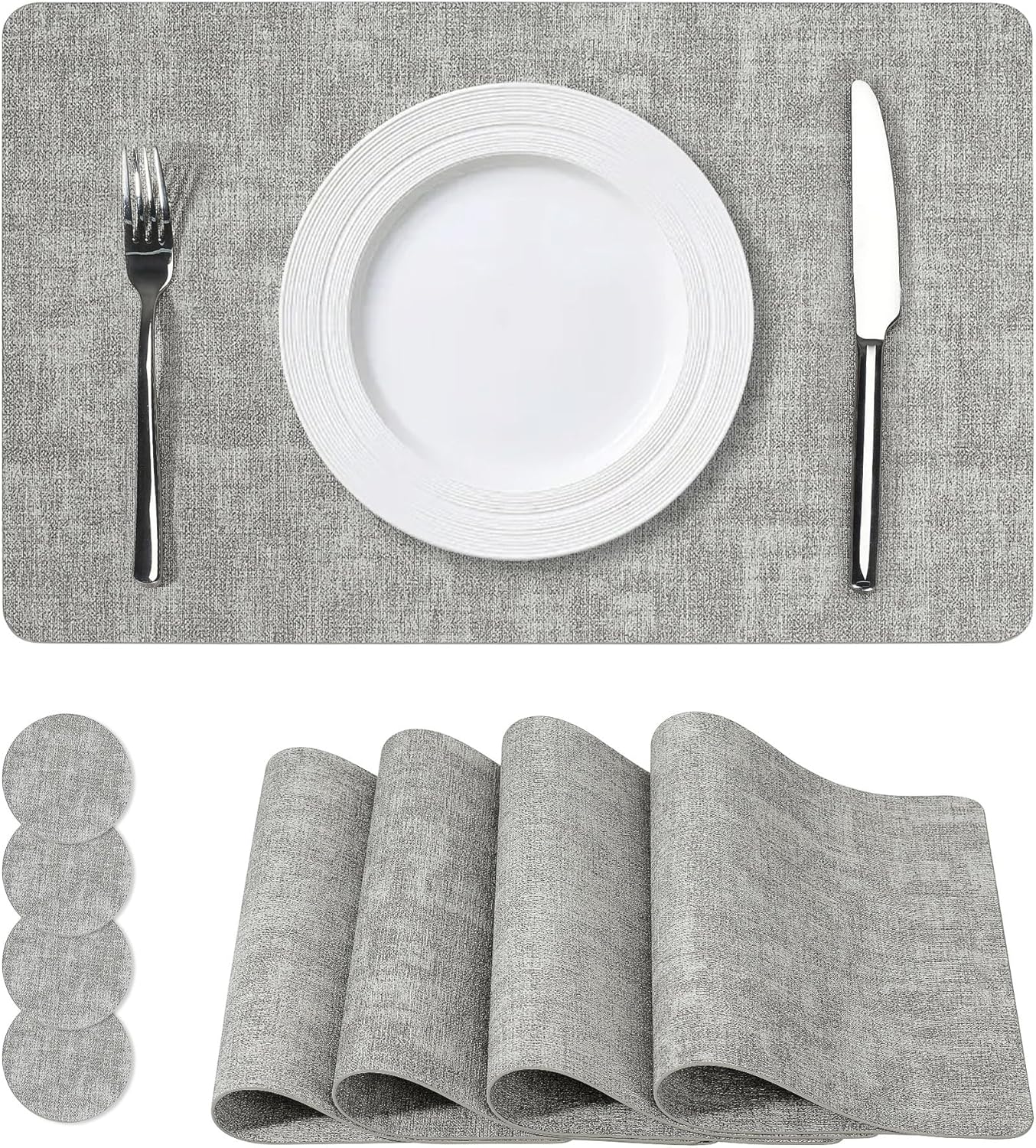 Vinyl Placemats Set of 4, Faux Leather Waterproof and Heat Resistant Place Mats, Washable Anti-Slip Table Mats with Coaster, Wipeable Placemats for Indoor & Outdoor 17" x 12" (Light Grey, Set of 4)