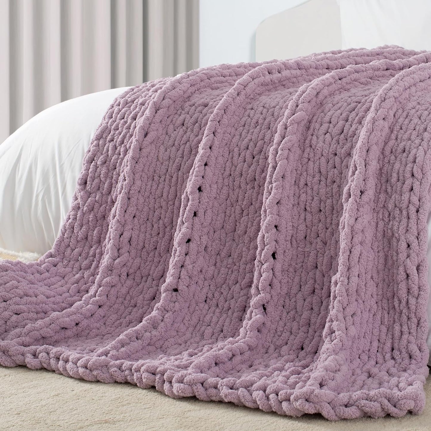 Carriediosa Chunky Knit Throw Blanket 60" X 80" Twin, 100% Hand Made Large Chenille Loop Yarn Soft Fluffy Throws for Couch Sofa Bed, Big Crochet Cozy Heavy Thick Cable Woven Blankets, Purple