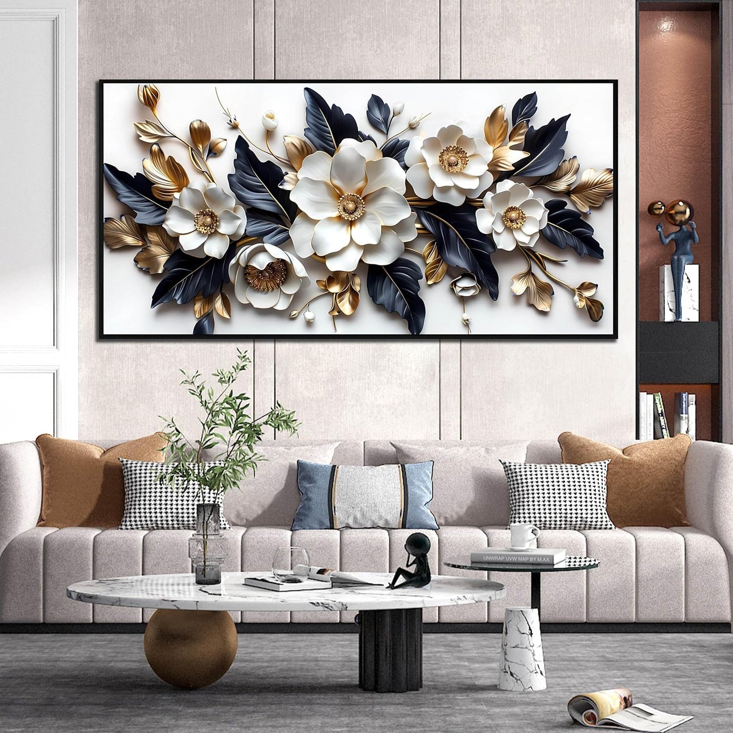 White Flowers Wall Art for Bedroom - White and Gold Wall Art for Office - Framed Wall Art for Living Room Large Size 29" x 59"