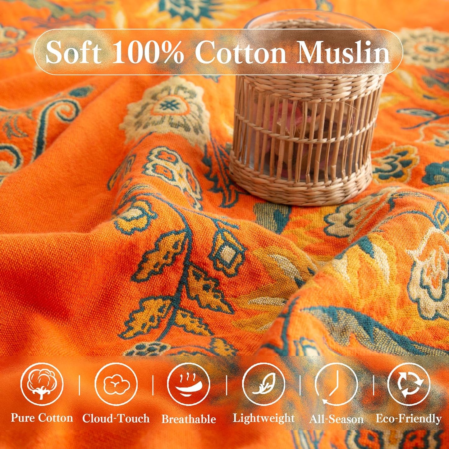 Boho Throw Blanket Queen Size, Oversized Soft Cozy Cotton Muslin Quilt Blanket for Bed Decor, Floral Patterned Couch Sofa Chair Cover, Vintage Farmhouse Cottage Woven Blanket, Orange&Green